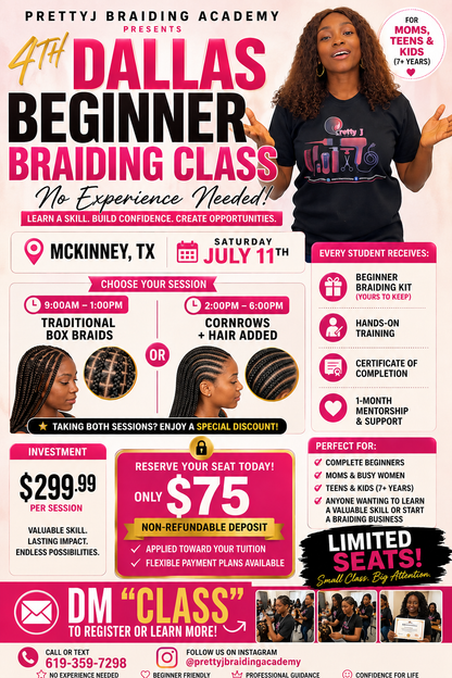 Dallas Beginner Braiding Class | Learn Box Braids & Cornrows | PrettyJ Braiding Academy